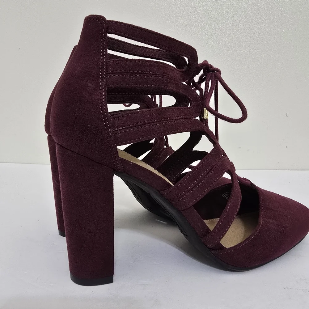 CHRISITIAN SIRIANO size 6.5 Suede Lace Up Strappy Block‎ Heel Shoes Burgundy